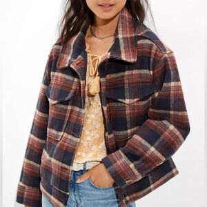 American Eagle AE Navy Plaid Oversized Lined Coat Jacket